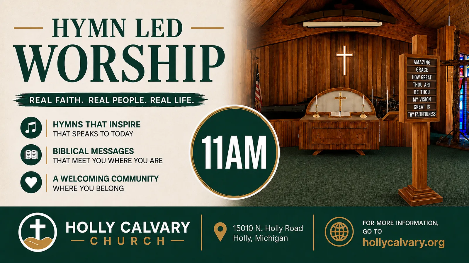 Hymn Led Worship 11am July 1 at Holly Calvary Church in Holly, MI