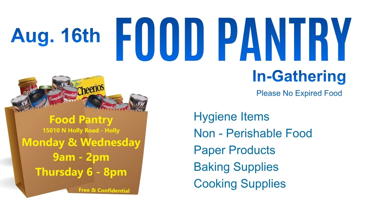 Food Pantry August 26 at Holly Calvary Church in Holly, MI